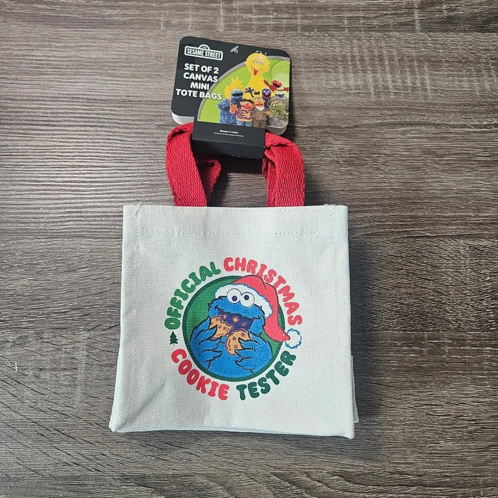 Sesame Street Cookie Monster Christmas Mini Tote Bags Set of 2 Canvas Holiday